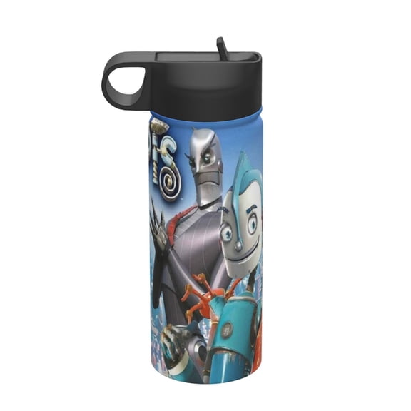 Robots Kids Insulated Water Bottle With Straw - 18 Oz Stainless Steel Double Wall Vacuum Cup, Leakproof, Bpa Free, Suitable For Boys And Girls