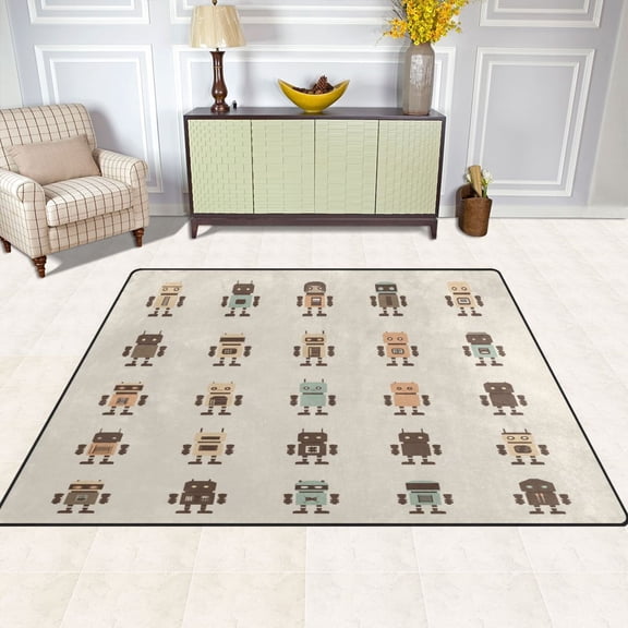 Robots Pattern 80''x58'' Extra Large Plush Memory Foam Rug, Soft, Absorbent, Non Slip
