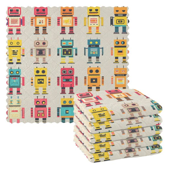 Robots Pattern Design 6 Pack Kitchen Cleaning Cloths 11'' x 11'', Super Absorbent, Soft Double Layer Plush for Dish and Surface Cleaning