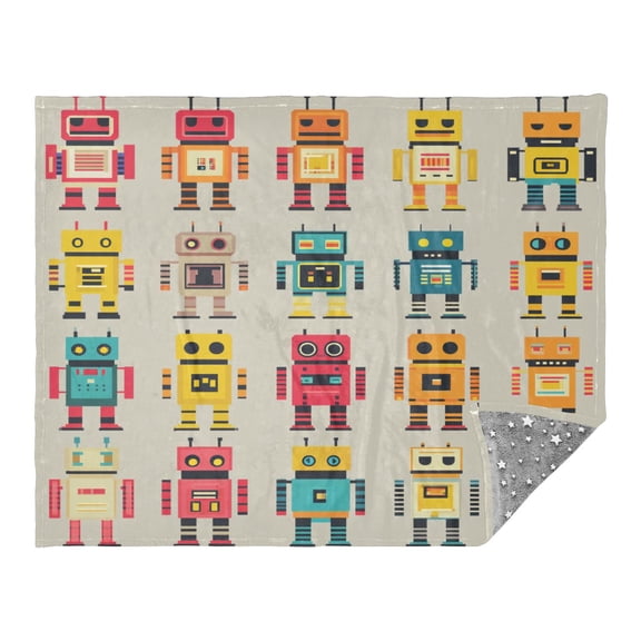 Robots Pattern Design 70x55in Flannel Throw Blanket, Double Sided, Soft and Cozy, Glow in the Dark