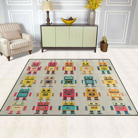 Robots Pattern Design 80''x58'' Extra Large Plush Memory Foam Rug, Soft, Absorbent, Non Slip