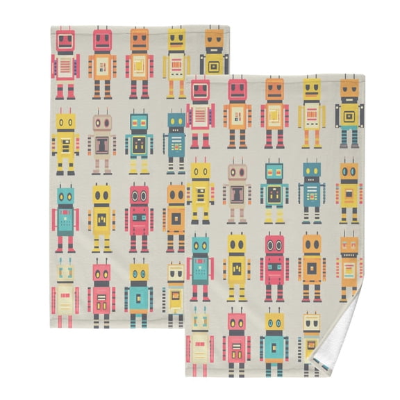 Robots Pattern Design Set of 2 Pure Cotton Towels, 16'' x 28'', Highly Absorbent and Soft