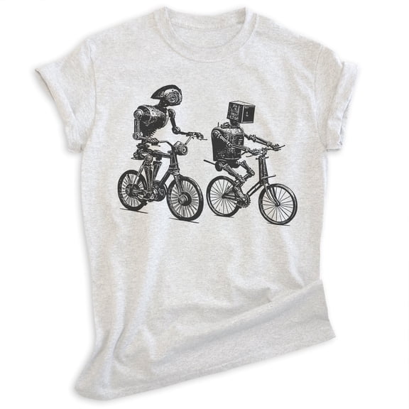 Robots Riding Bikes T-shirt, Unisex Women's Men's Shirt, Robot Bike Bicycle Riding Robotics Nerd Geek, Heather Ash, Medium