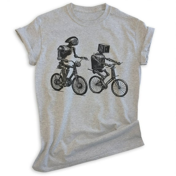 Robots Riding Bikes T-shirt, Unisex Women's Men's Shirt, Robot Bike Bicycle Riding Robotics Nerd Geek, Heather Gray, XX-Large