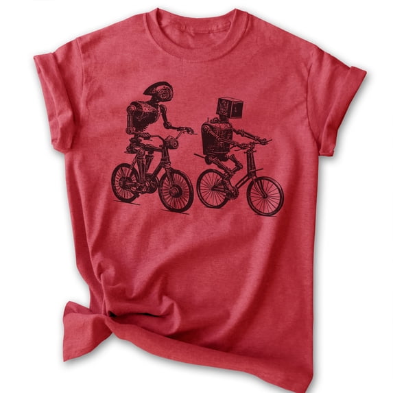 Robots Riding Bikes T-shirt, Unisex Women's Men's Shirt, Robot Bike Bicycle Riding Robotics Nerd Geek, Heather Red, Large