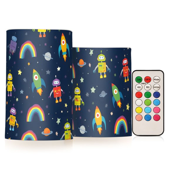 Robots Rockets Stars Planets Rainbows Flickering Flameless Candles Battery Operated with Remote Timer LED Pillar Candles Set of 2