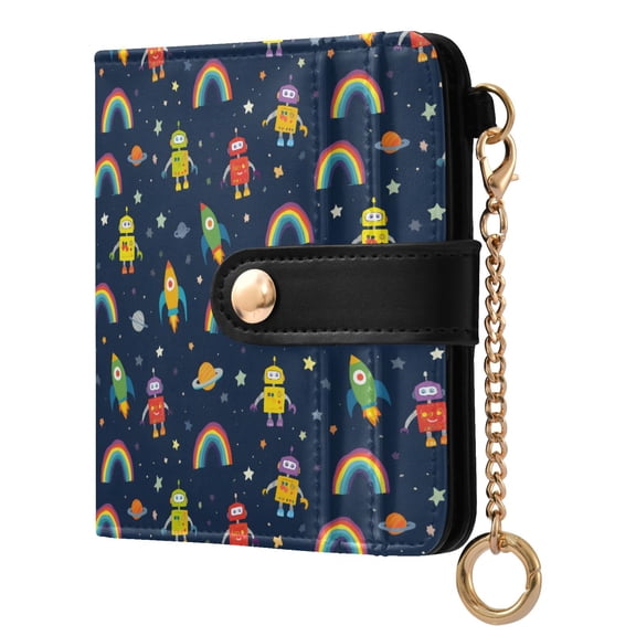 Robots Rockets Stars Planets Rainbows Small Wallet for Women RFID Blocking Bifold PU Leather Credit Card Holder with Zipper Coin Pocket Compact Cute Travel Purse Magnetic Snap 7 Card Slots