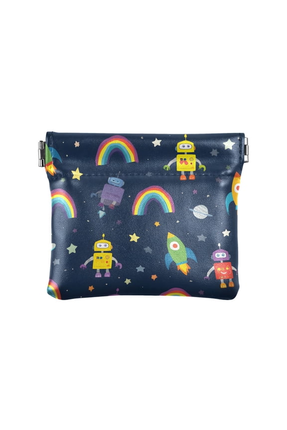 Robots Rockets Stars Planets Rainbows Wallet Small PU Leather Change Pouch Wallet for Women