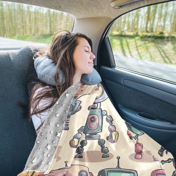 Robots Travel Blanket Pillow Compact Foldable Airplane Throw Blanket with Trolley Sleeve for Travel Camping