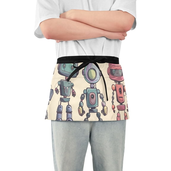 Robots Waist Apron Adjustable Server Half Apron Kitchen Cooking with 3 Pockets for Men Women