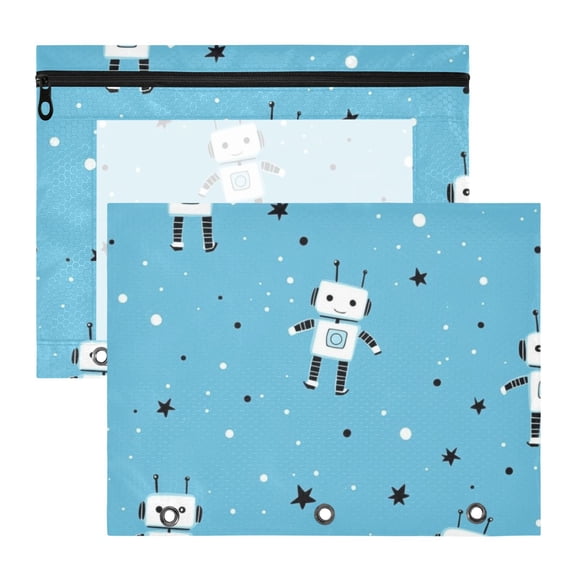 Robots and Stars Cute 3-Ring Binder Pouches A4 Size Zipper Pocket File Storage 2 Packs