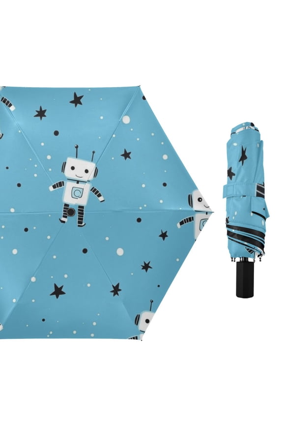 Robots and Stars Cute All Weather Umbrella Triple Folding Parasol 6 Ribs UV Protection Portable