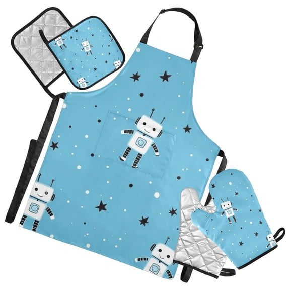 Robots and Stars Cute Apron Set with Oven Mitts Pot Holders Set of 5 Kitchen Stuff Accessories