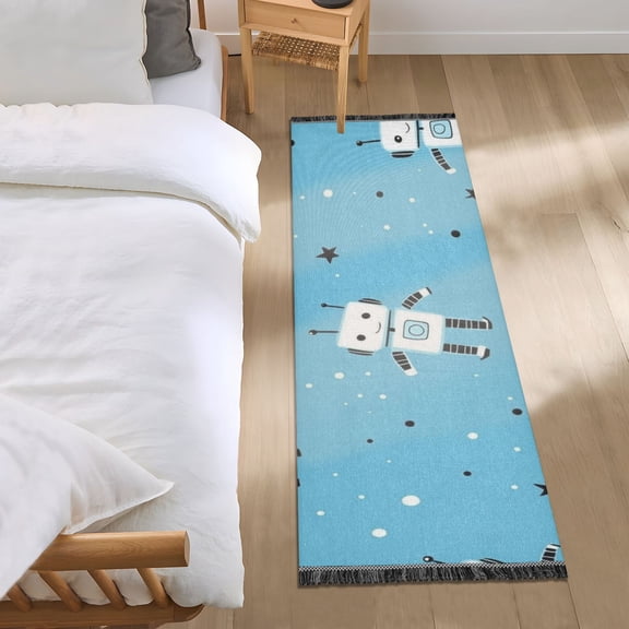 Robots and Stars Cute Bedside Runner Rug 2'x 6' Non Slip Carpet Floor Mat Area Rug