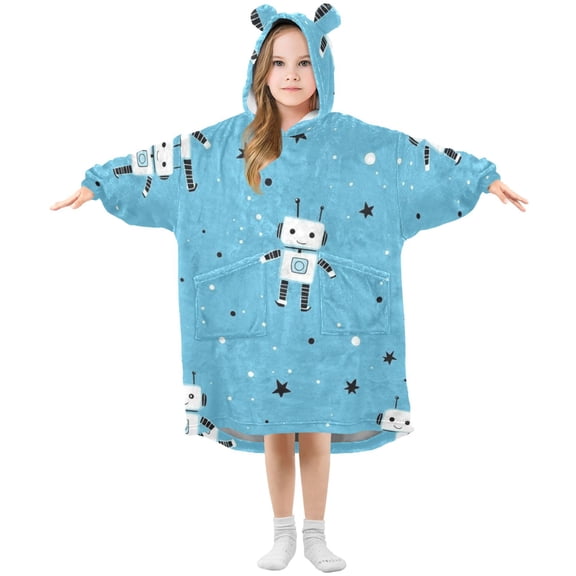 Robots and Stars Cute Flannel Wearable Blankets Hooded Design Long Sleeves Wrap Unisex for 3T-14Y S