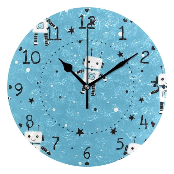 Robots and Stars Cute Round Wall Clock Silent Analog Battery Operated Black Pointer Home Decor 9.84" Diameter