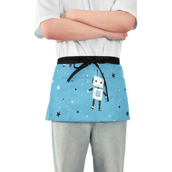 Robots and Stars Cute Short Server Apron with 3 Pockets for Unisex Chef Gardening