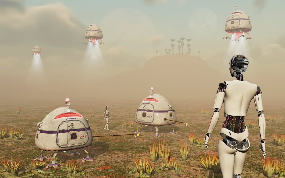 Robots and machines mining an alien world Canvas Art - Mark StevensonStocktrek Images (18 x 12)