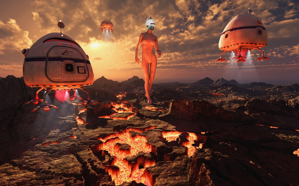 Robots and other machines mining on a volcnaic planet Canvas Art - Mark StevensonStocktrek Images (36 x 23)
