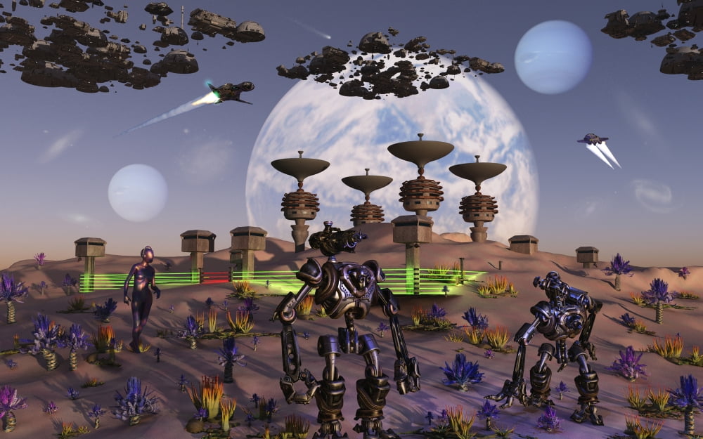 Robots busy at work constructing a new base on an alien moon Canvas Art - Mark StevensonStocktrek Images (36 x 23)