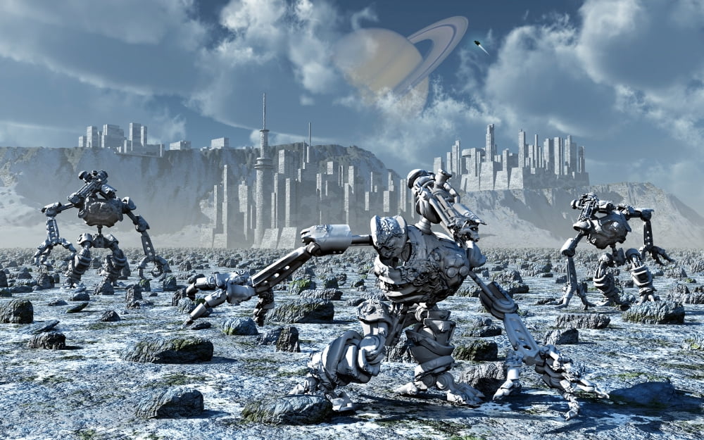 Robots gathering rich mineral deposits from the surface of an alien moon Canvas Art - Mark StevensonStocktrek Images (36 x 23)