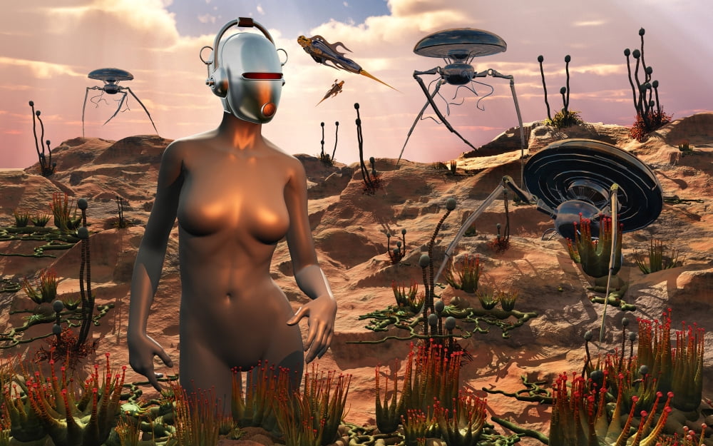 Robots harvesting plants on a distant alien world Canvas Art - Mark StevensonStocktrek Images (18 x 12)
