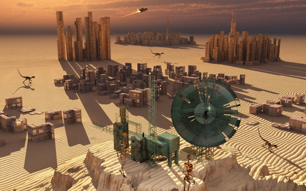 Robots maintain a forgotten colony Canvas Art - Mark StevensonStocktrek Images (18 x 12)