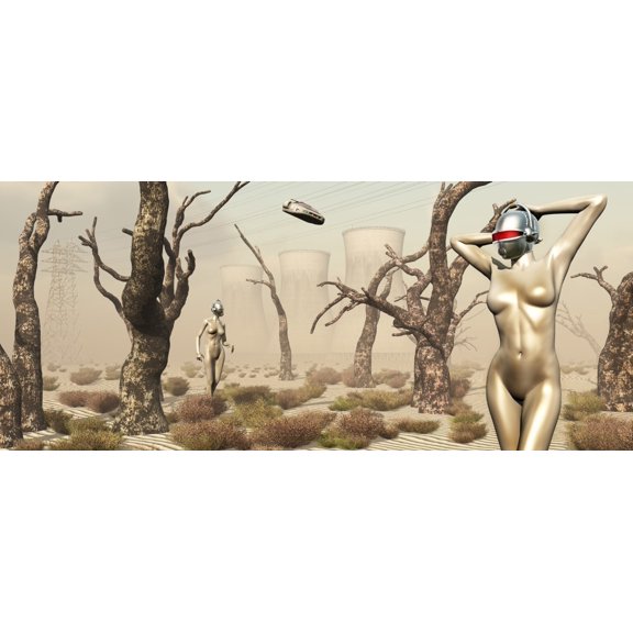 Robots walking about a landscape destroyed by pollution Canvas Art - Mark StevensonStocktrek Images (22 x 10)
