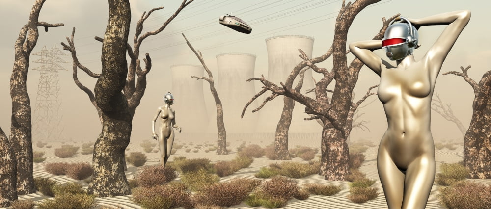 Robots walking about a landscape destroyed by pollution Canvas Art - Mark StevensonStocktrek Images (44 x 19)