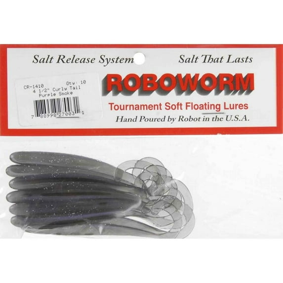 Roboworm Curly Tail Worm Bait Smoke Purple Neon, 41/2-Inch