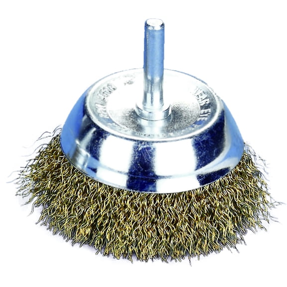 Robtec Crimped Brass Coated Steel Wire Cup Brush, 0.008" Wire, 3" x 1/4" Shank