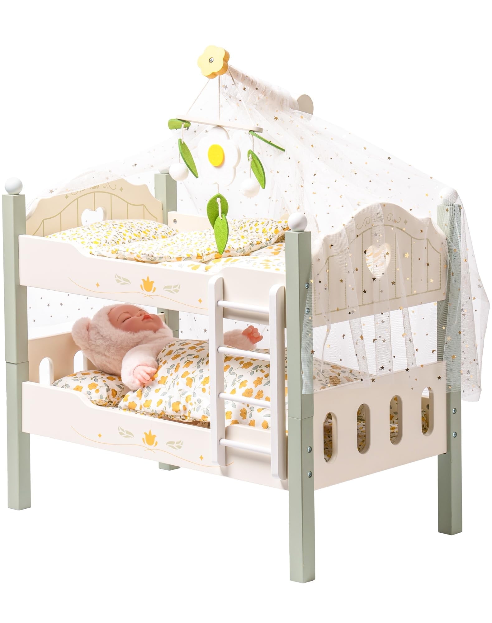 Robud 18" Doll Bunk Bed Baby Doll Beds Wooden Doll Cribs Cradle for 18 Inch Dolls Furniture Toy with Bedding,Fits Girls Dolls Bed,Green