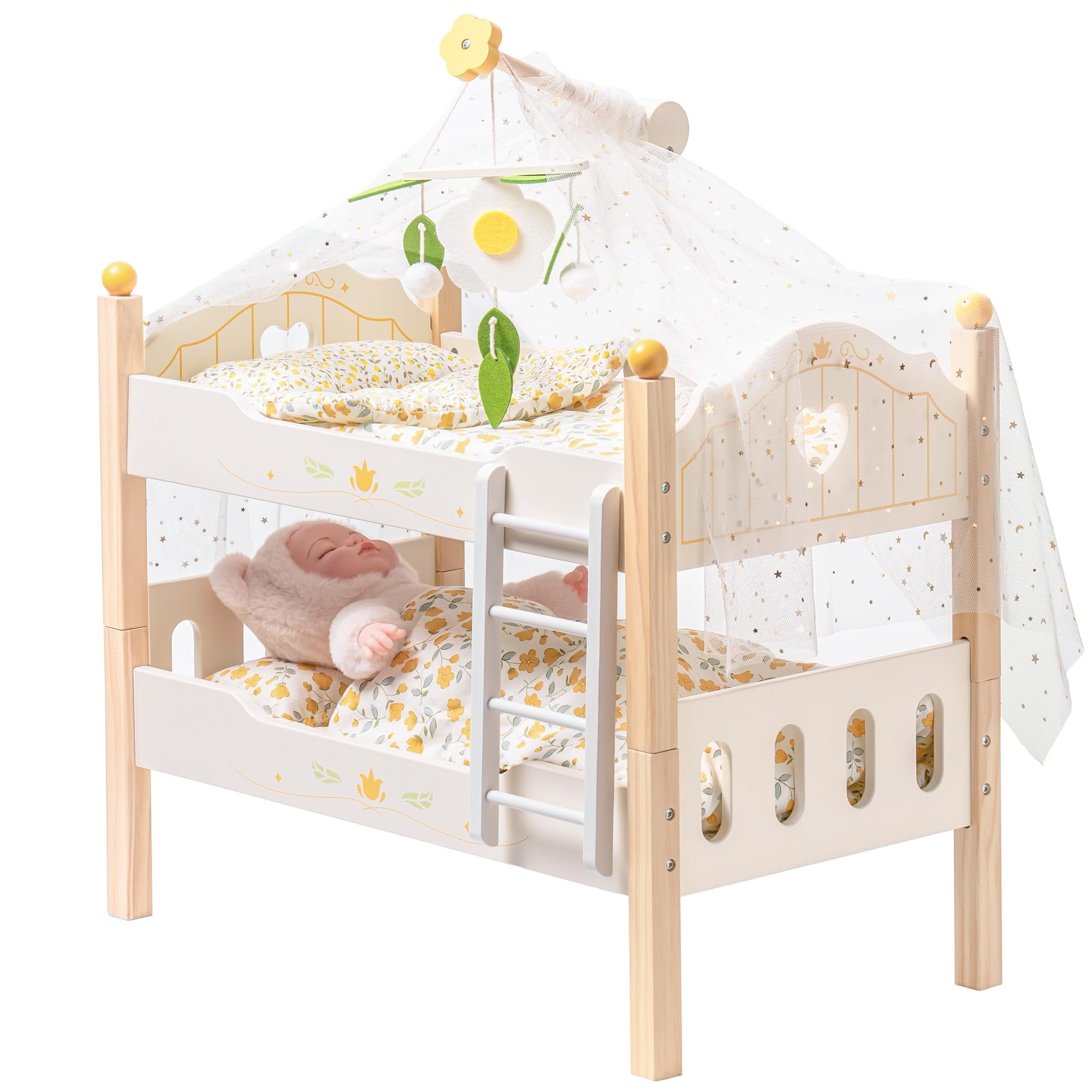 Robud 18" Doll Bunk Bed, Wooden Doll Cribs, Twin Baby Doll Beds with