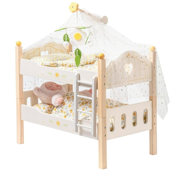 Robud 18" Doll Bunk Bed Baby Doll Beds Wooden Doll Cribs Cradle for 18 Inch Dolls Furniture Toy with Bedding,Fits Girls Dolls Bed,Yellow