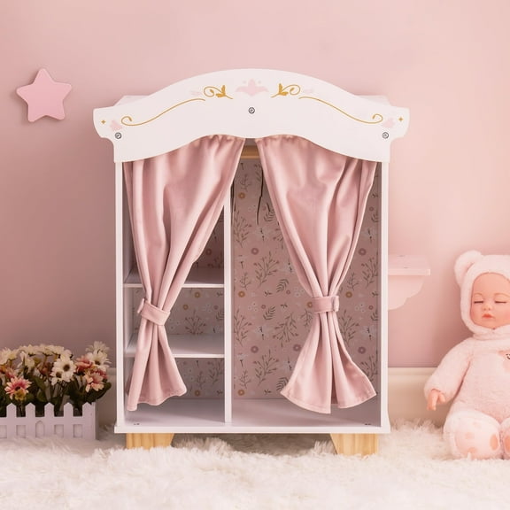 Robud 18" Doll Furniture Closet with 5 Clothing Hangers and Vanity Table, Wooden Doll Accessories Pink Set Fits 18 in Girl Doll Clothes
