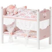 Robud 2-Piece Stackable Doll Bunk Beds, Wooden Crib w/ Star Canopy & Bedding Accessories, Fits 18" Dolls, Safe Playroom Furniture Gift for Girls Age 3+ Pink