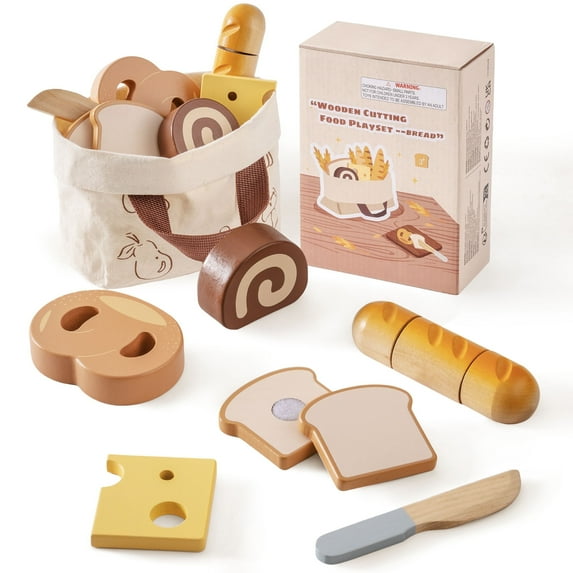 Robud 7PCS Wooden Cutting Food Playset - Montessori Pretend Kitchen Toys for Toddlers, Role Play Gift for Boys & Girls, Dessert