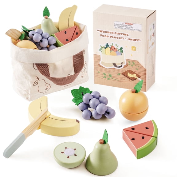 Robud 7PCS Wooden Cutting Food Playset - Montessori Pretend Kitchen Toys for Toddlers, Role Play Gift for Boys & Girls, Fruit