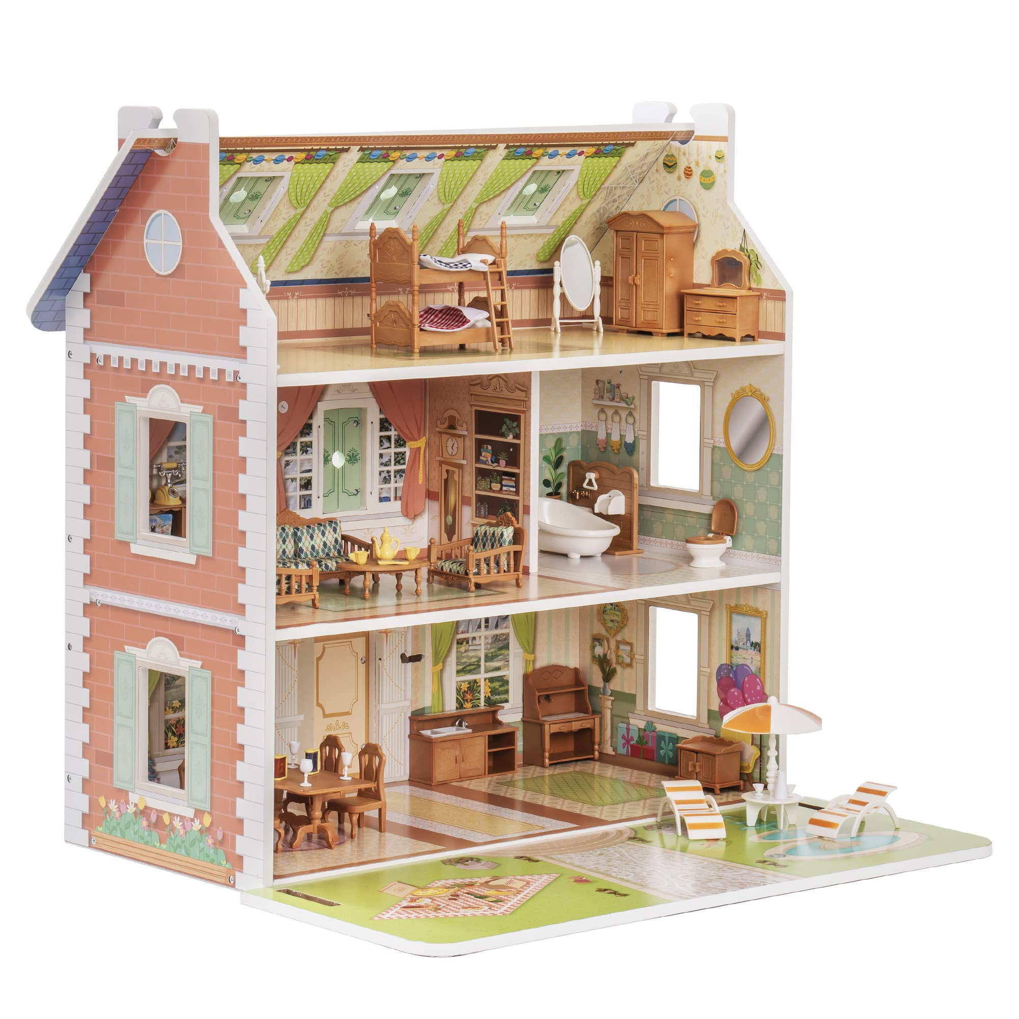 Robud Doll House 3 in 1 Wooden Dollhouse Dreamhouse for Kids Toddler  3+Years Old, Dollhouse with DIY Furniture 40+PCS Accessories,Present Gift  for