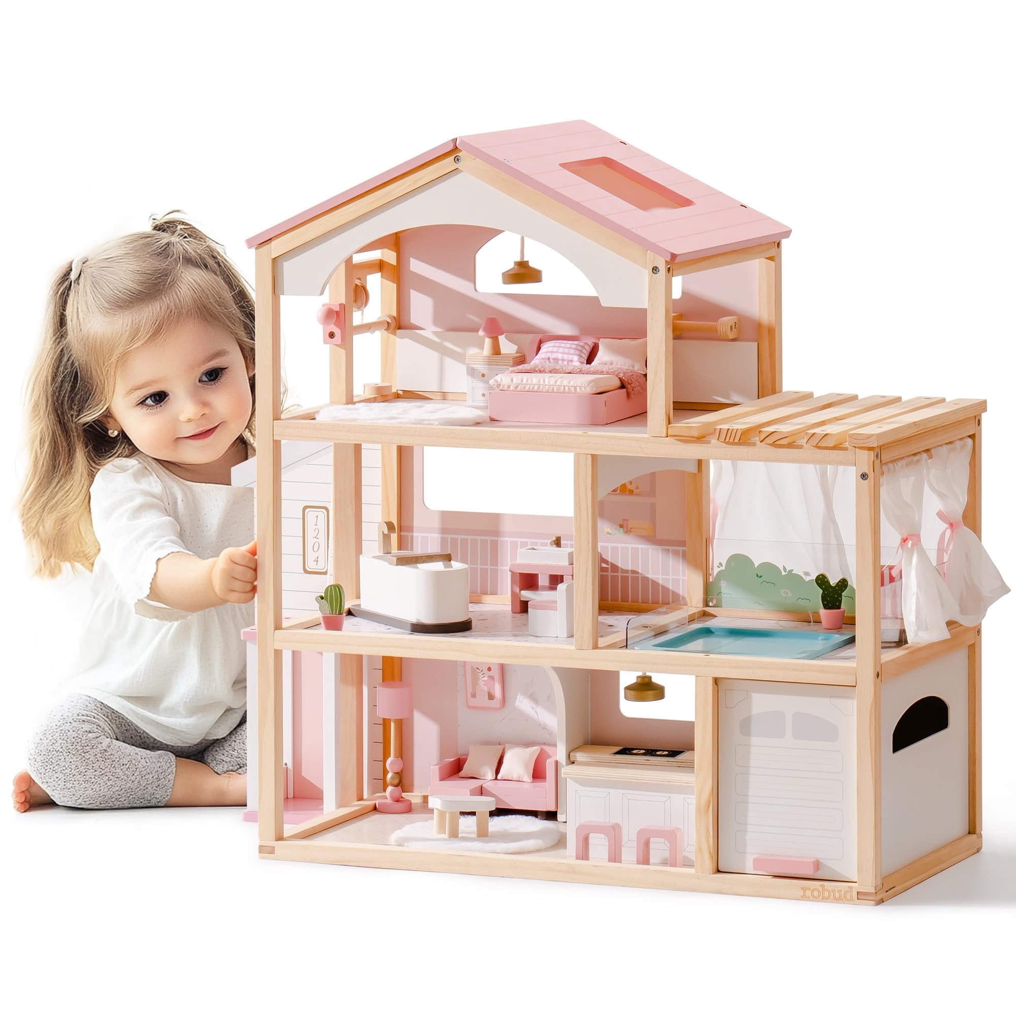 Robud Doll House, Wooden Dollhouse with 6 Rooms, 29-pcs Furniture Set, Working Elevator, Garage, Swimming Pool, Ideal Gift for Kids Ages 3+ (Dreamy Pink)