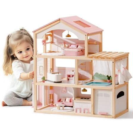 Robud Doll House, Wooden Dollhouse with 6 Rooms, 29-pcs Furniture Set, Working Elevator, Garage, Swimming Pool, Ideal Gift for Kids Ages 3+ (Dreamy Pink)