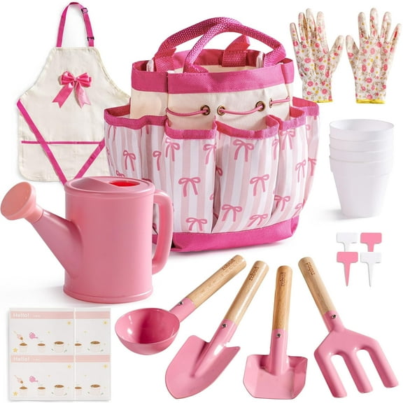 Robud Kids Gardening Set 18 PCS Bow Theme Garden Tools for Kids with Storage Bag, Apron, Waterproof Gloves, and Planting Cards  Educational Outdoor Gardening Toy Gift for Girls and Toddlers, Pink
