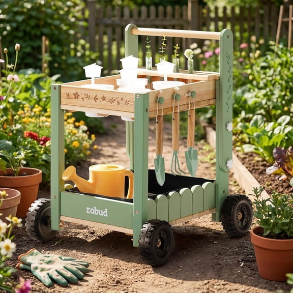Robud Kids Gardening Tools Set with 2-Tier Wooden Cart Wheelbarrow for Toddlers, Outdoor Backyard Garden Toy with Watering Can, Shovel, Rake & Plant Labels, Gift for Boys Ages 3+, Green