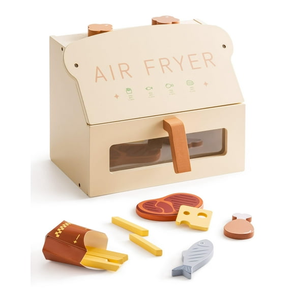 Robud Kids Wooden Air Fryer & Play Kitchen Set with Accessories, Pretend Cooking Food Toys, Role Play Gift for Toddlers, Boys & Girls, Cream-coloured