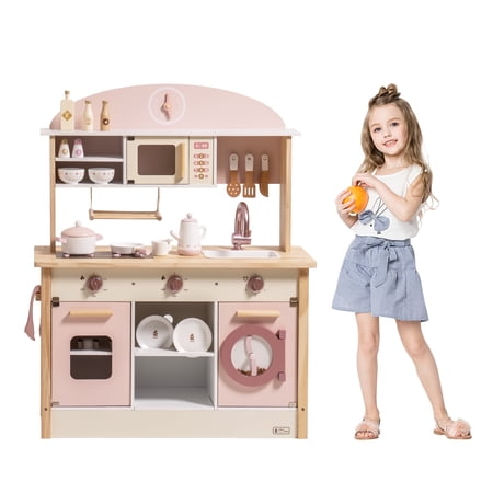 Robud Interactive Wooden Kitchen Play Set with Cooker, Suitable for Kids Age 3+, Pink