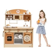 Robud Kids Wooden Kitchen Play Set Pretend Playset Toy with Play Cooker for Kids Boys Girls Age 3+,Caramel