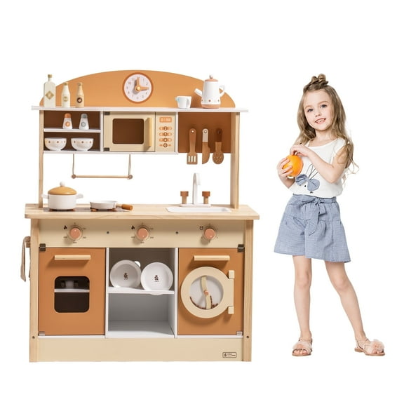 Robud Kids Wooden Kitchen Play Set Pretend Playset Toy with Play Cooker for Kids Boys Girls Age 3+,Caramel