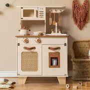 Robud Kids Wooden Play Kitchen Set Pretend Playset Toy with Ice Cube Dispenser for Kids Boys Girls Age 3+,Mocha