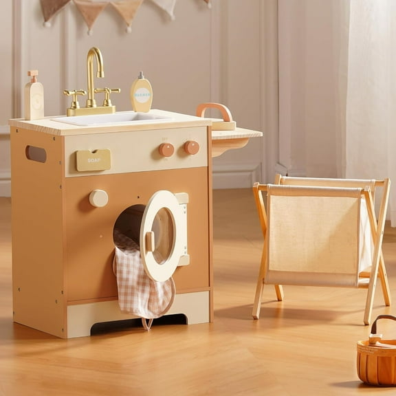 Robud Kitchen Washer Playset Pretend Play Toy Washing Machine with Clothes Basket, Iron and Sink for Kids Age 3+,Caramel