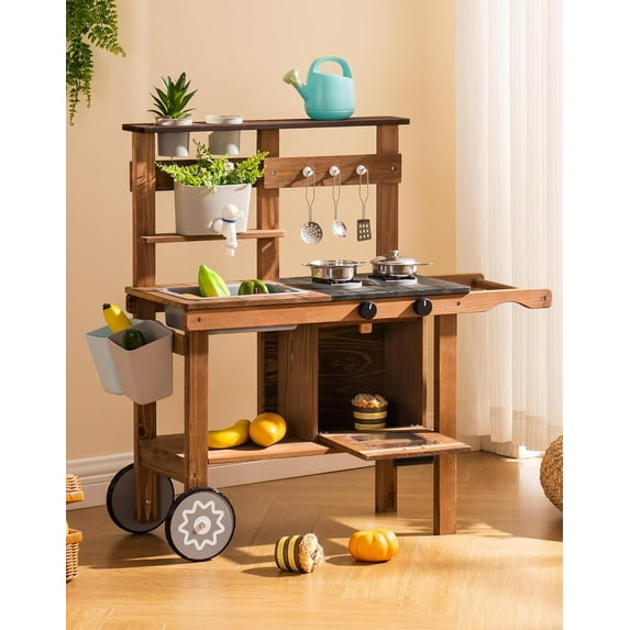 Robud Mud Kitchen for Kids Outdoor with Wheels, Wooden Outdoor Play Kitchen, Kids Mud Kitchen with Removable Sink & Faucet, Monteeori Toys for Children Ages 3+ Years